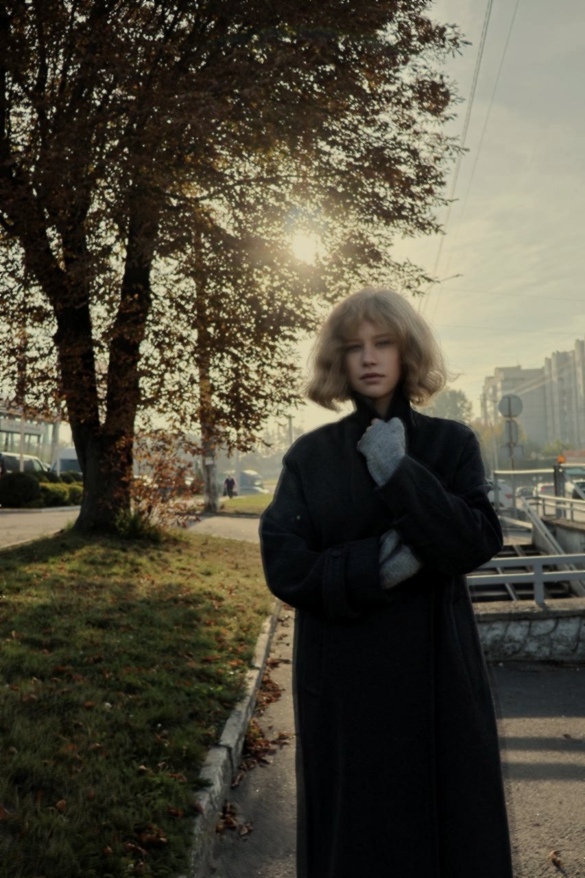 An oversized coat in low sun, beside a railing, grass, and a tree